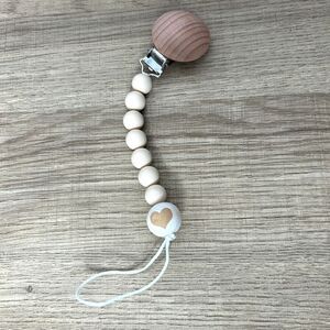 Unisex Gender Neutral Baby Pacifier Clip Boho Wooden White Beads
